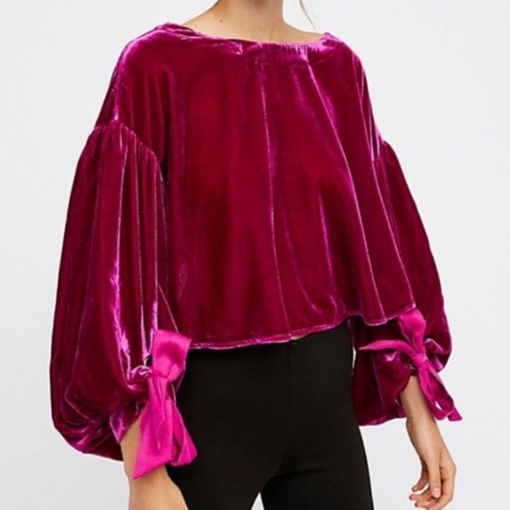 Free People Velvet Balloon-Sleeve Top in Magenta